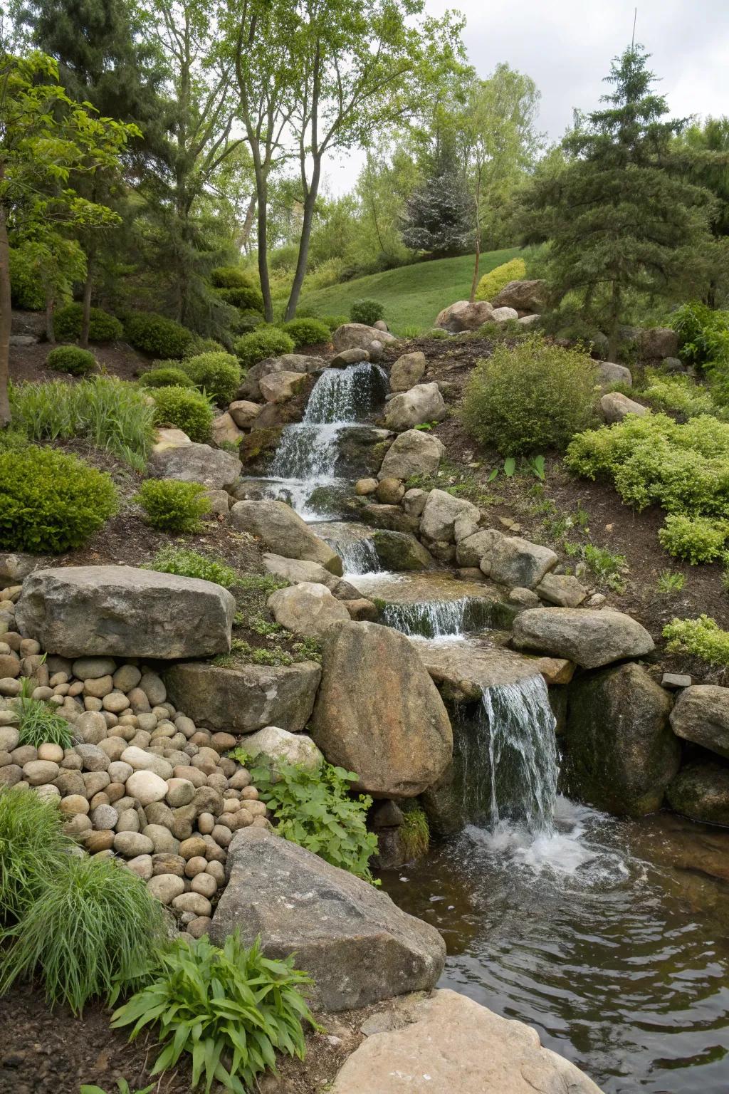 A beautiful stone waterfall cascades down a natural slope in a garden.
