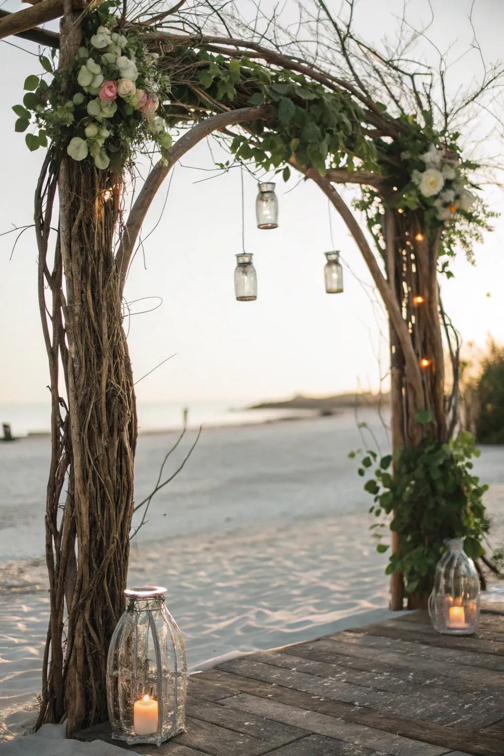 A natural branch arch that brings a whimsical charm to your ceremony.