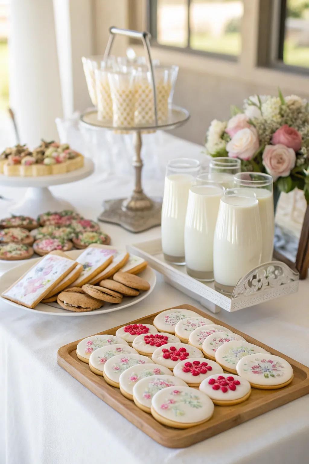 A cookies and milk bar adds a delightful twist to a wedding.