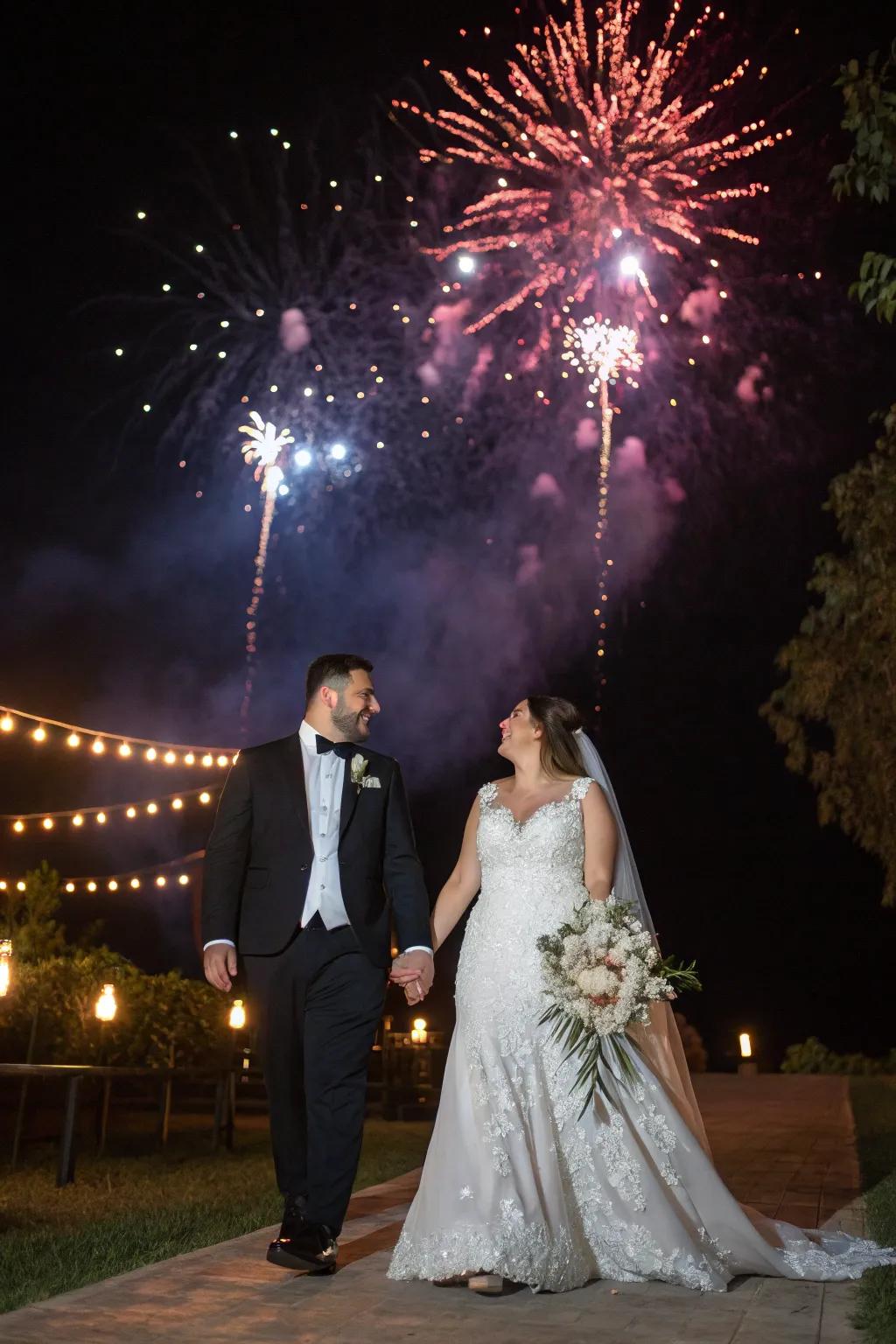 An impressive pyrotechnic display celebrates the wedding pair’s entrance.