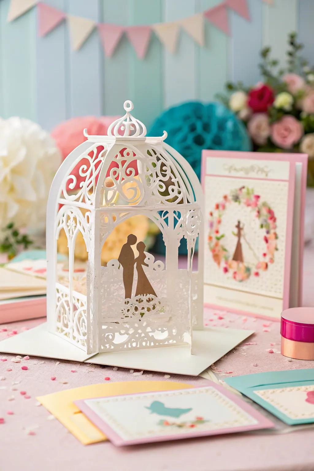 A participatory wedding invitation featuring a fun pop-up design.