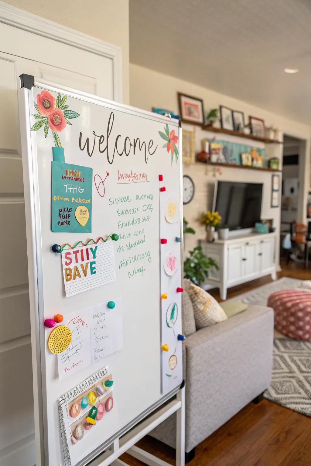 Personalized magnets for a customizable magnetic writing surface welcome display.