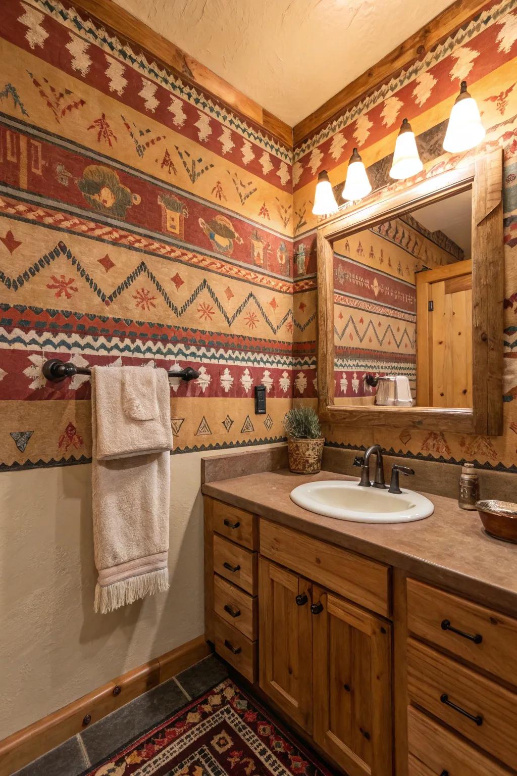 Southwest print wallpaper creates a bold visual in this bathroom.