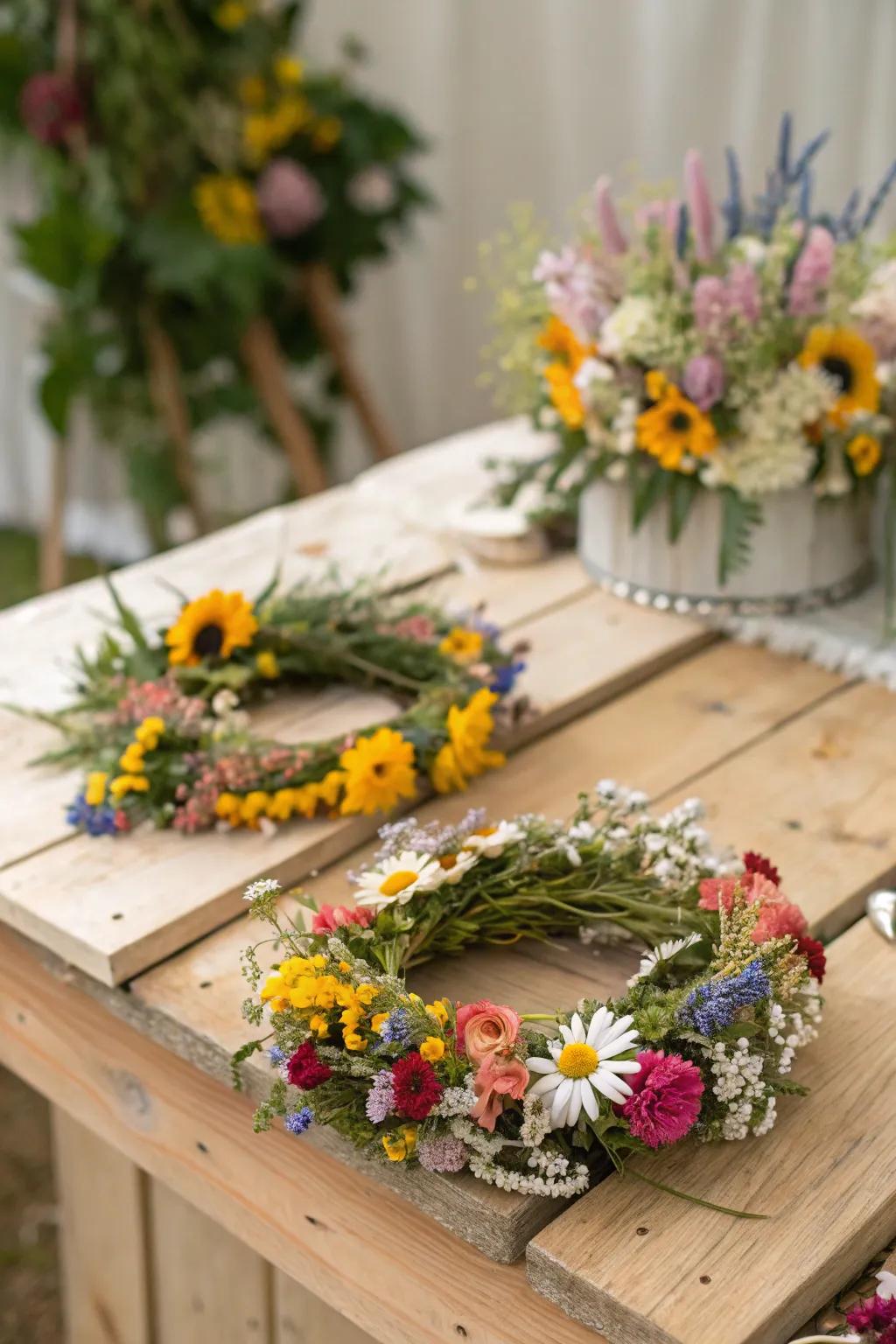 Meadow garland headwear brings an ethereal touch to the function.