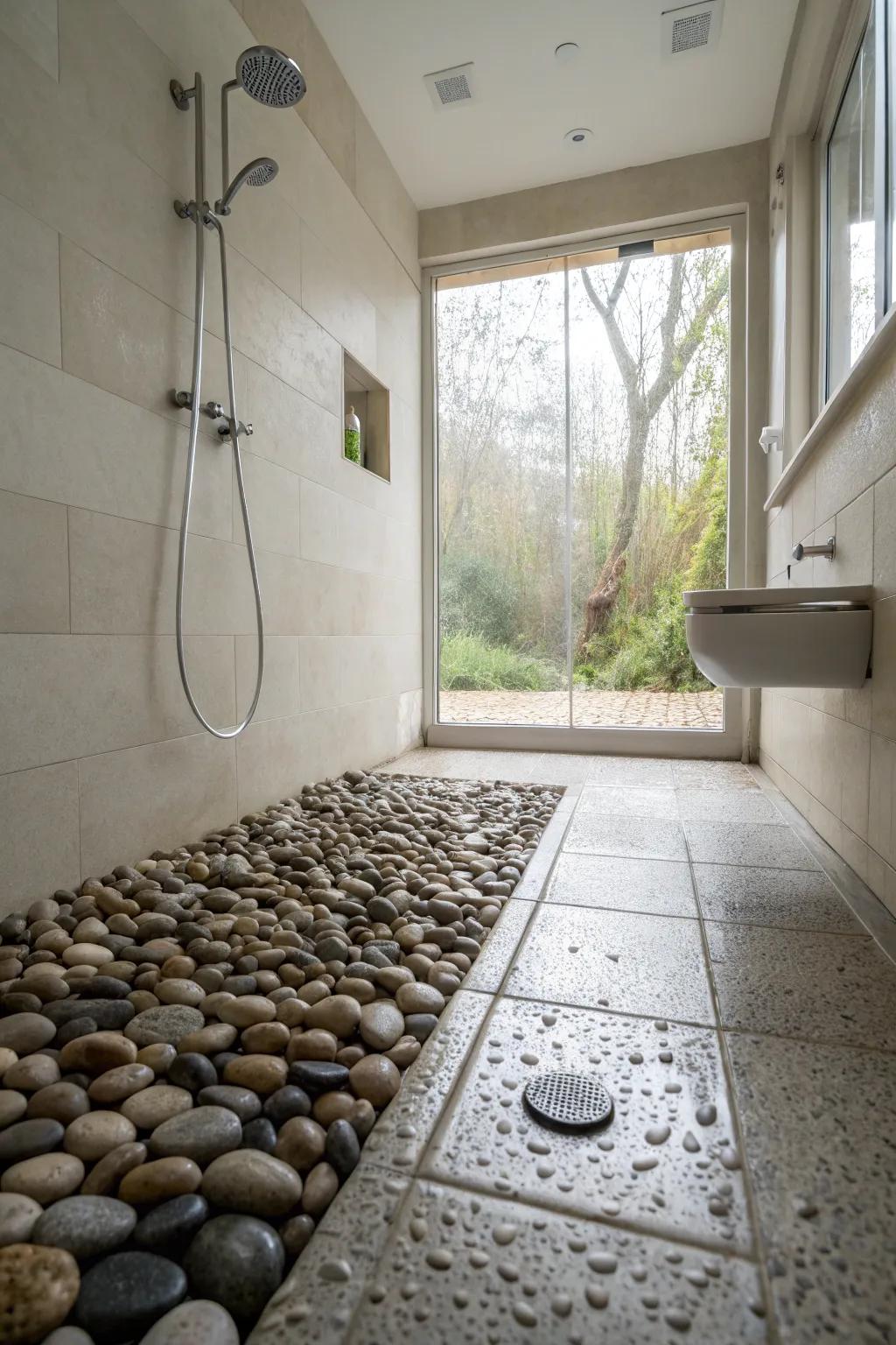 Pebble tiles infuse wet rooms with a calming and natural essence.