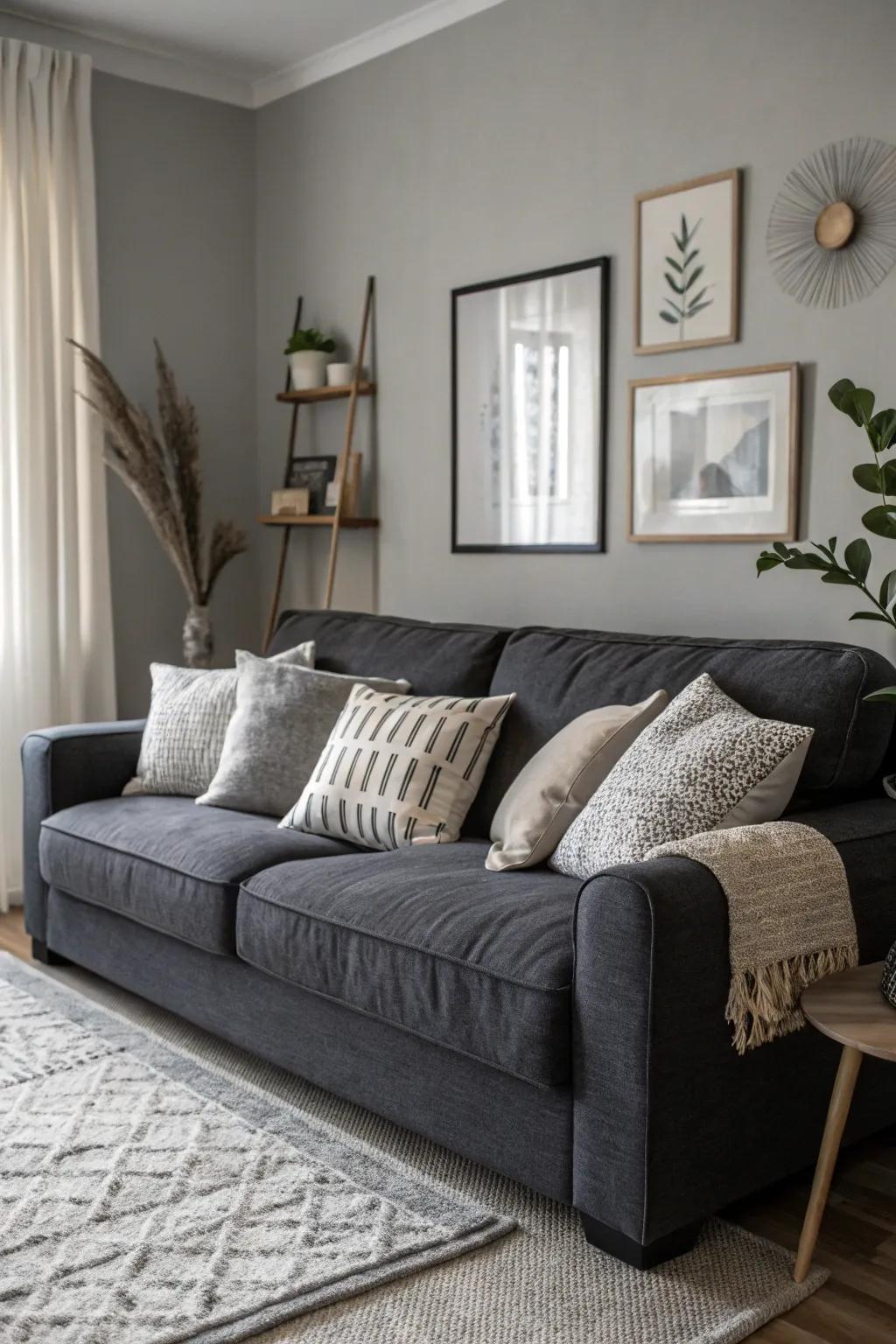 Monochrome cushions in grey shades offer depth and harmony.