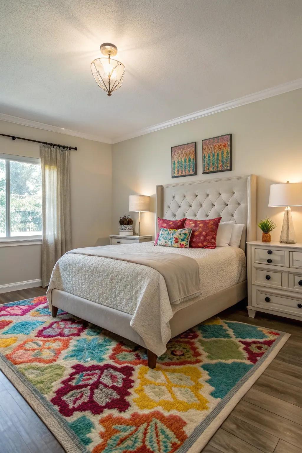 A splash of color in the floor covering energizes and enlivens a neutral bedroom setting.