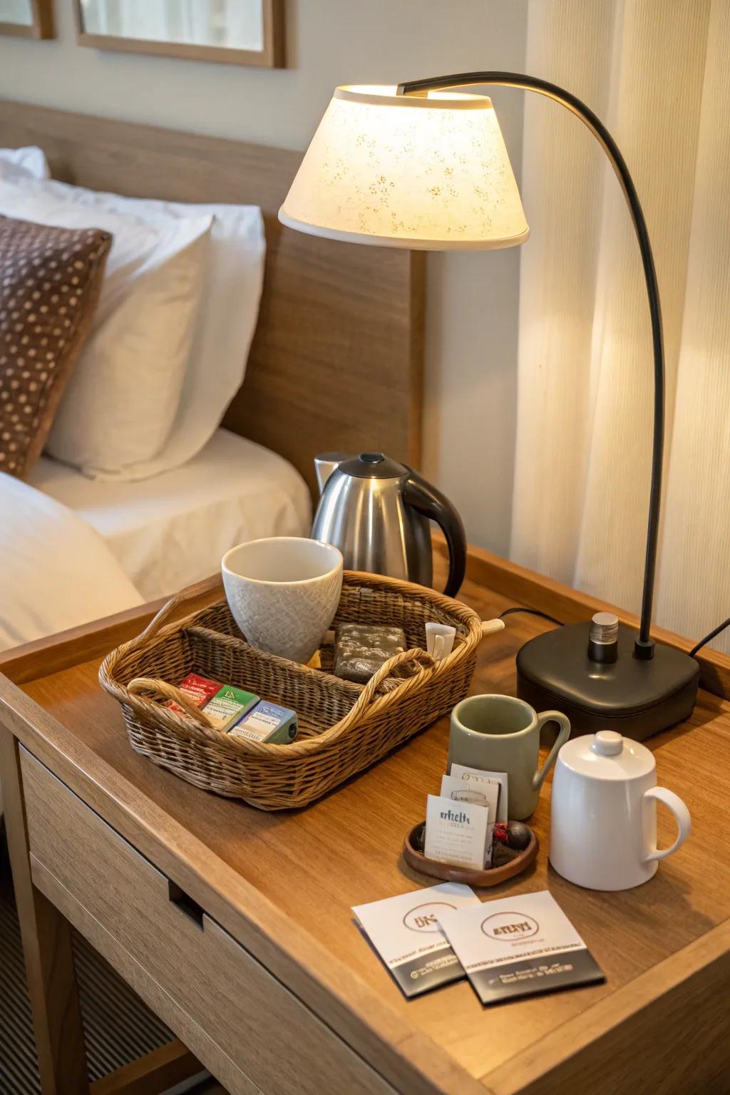 A tranquil tea setting in your bedroom encourages relaxation.