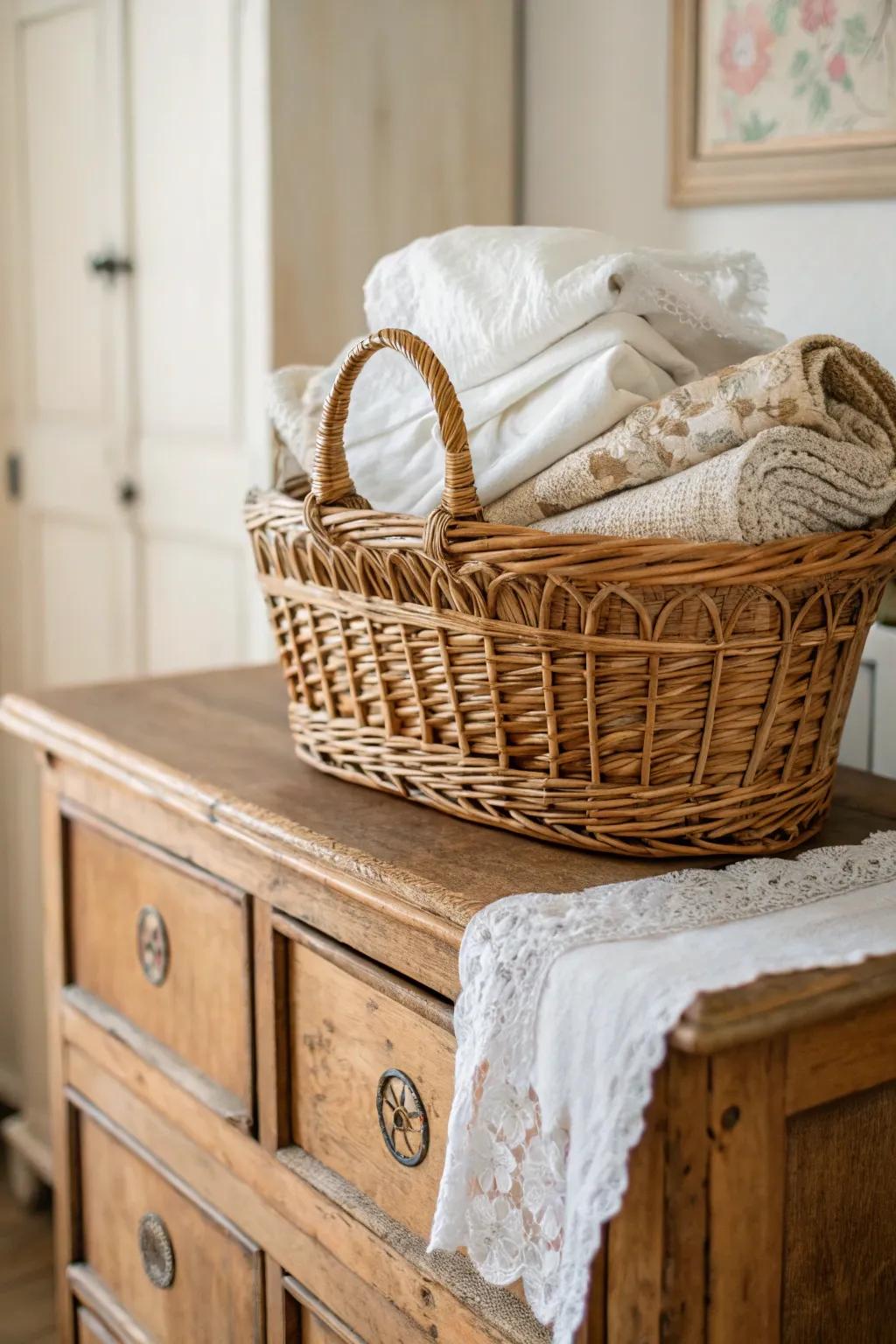 A basket featuring classic textiles adds a timeless appeal to any decor.