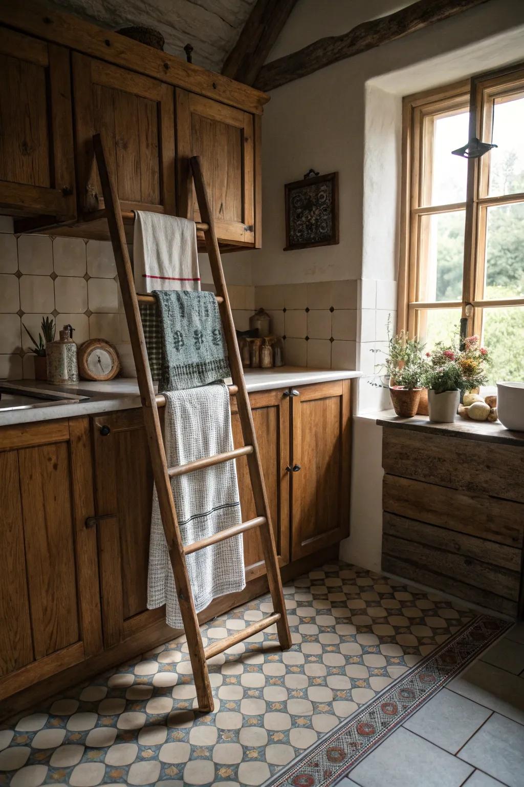 Repurpose a ladder hanger for a charming and distinctive kitchen linen layout.