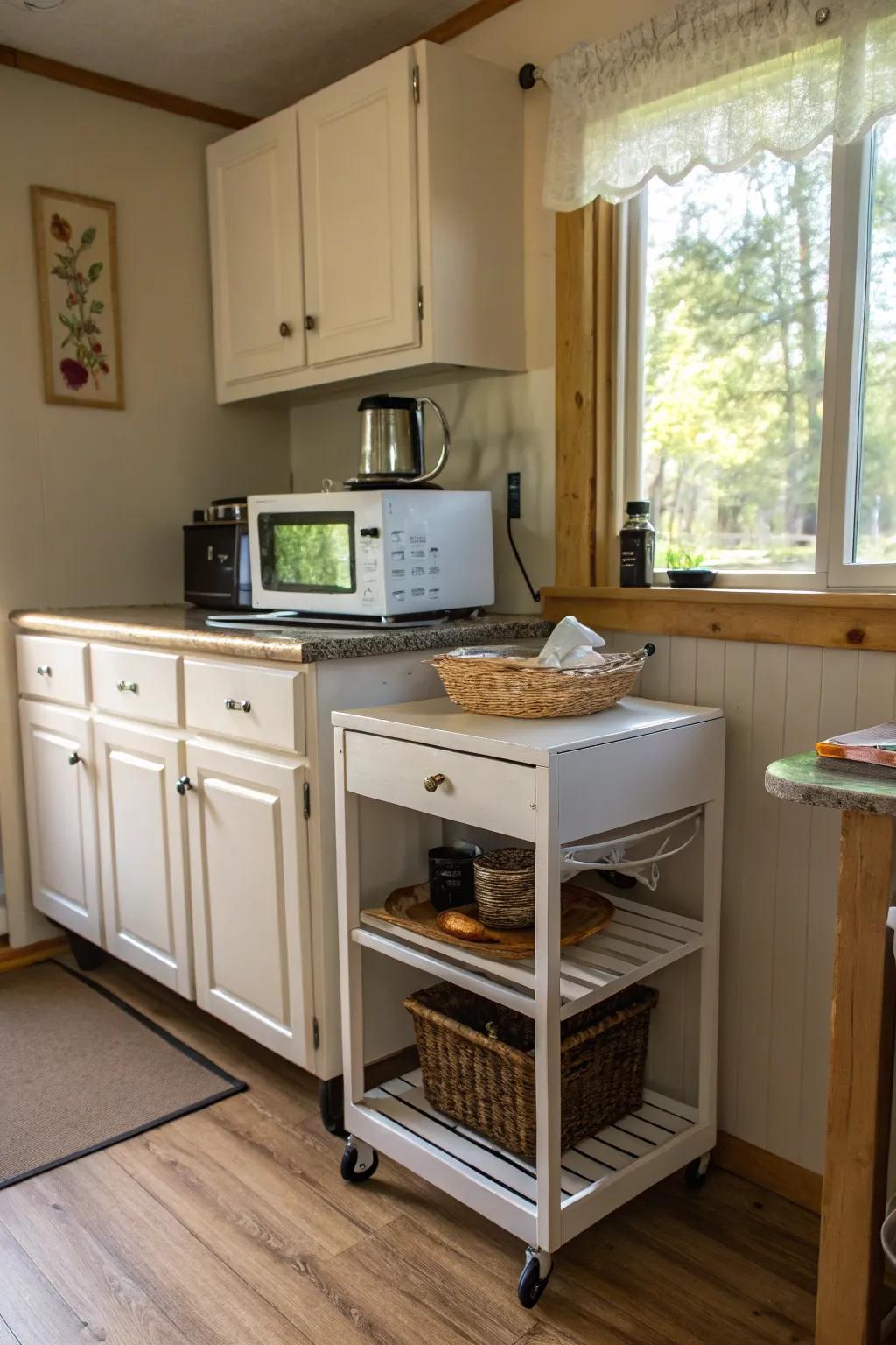 A versatile mobile cart with a microwave for flexible kitchen use.