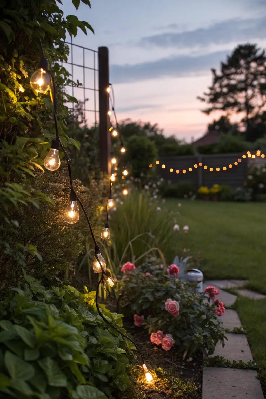 Fairy lights add a magical glow to gardens at night.