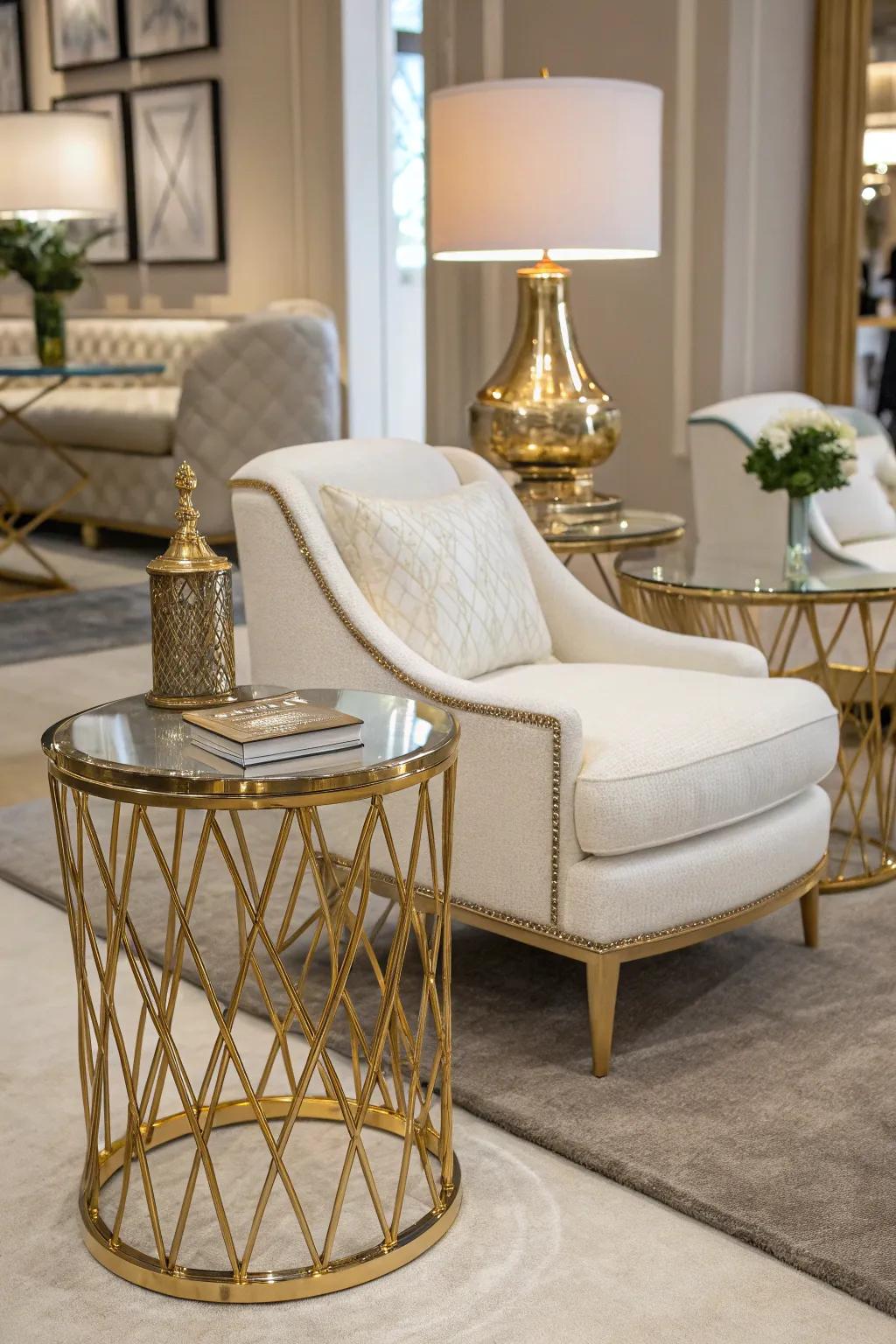 Accent tables with gold edges merge function with flair.