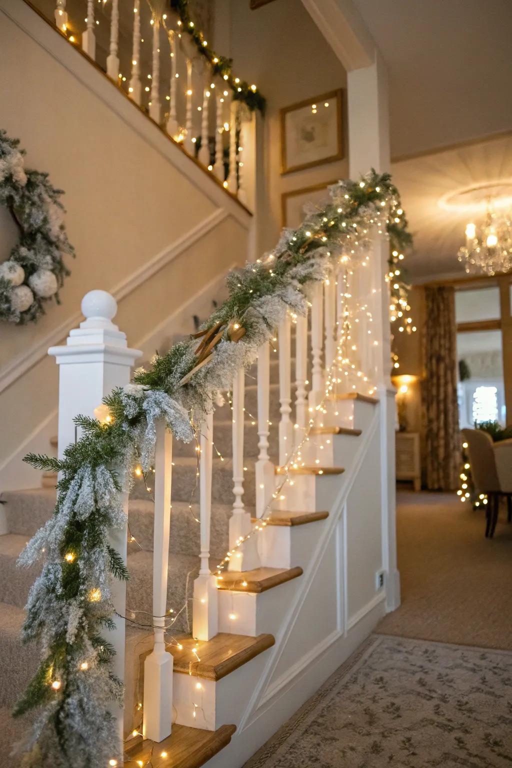 An ivory garland staircase crafts a breathtaking entrance to your holiday dwelling.