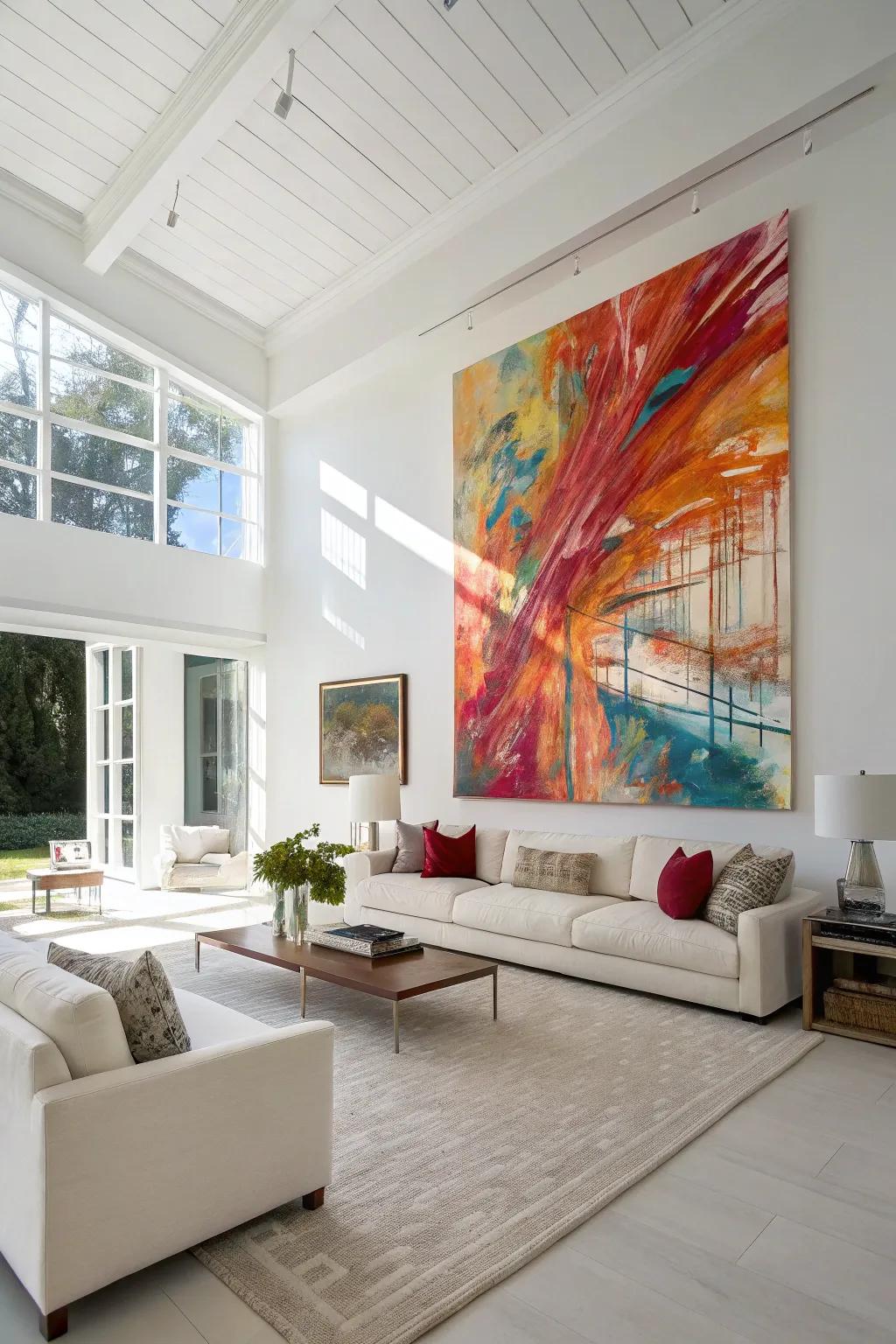 Oversized pieces of art make a striking impression in a white area.