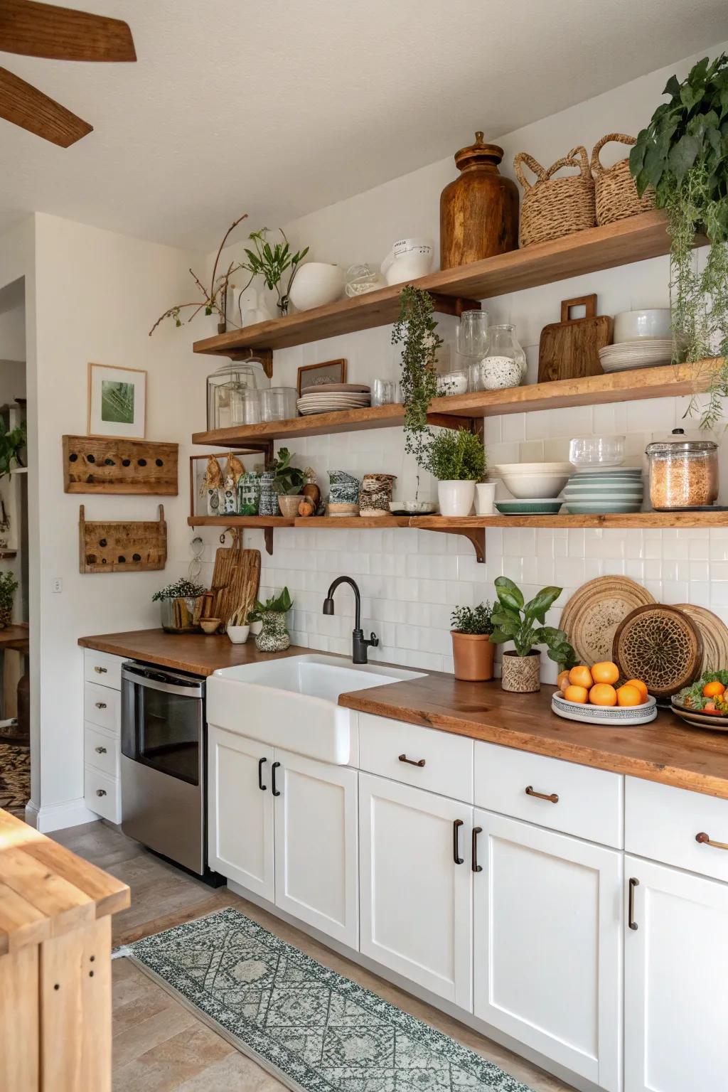 The addition of eclectic decor enriches the kitchen's unique style.