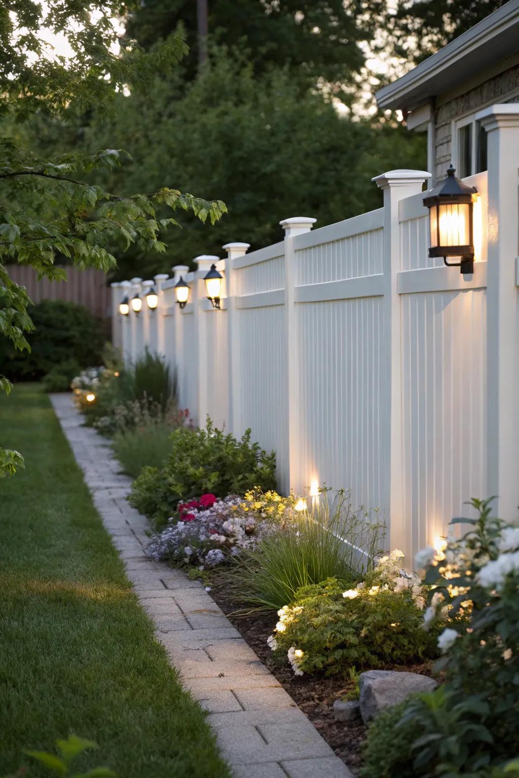 Integrated lighting on a white fence creates a magical evening ambiance.