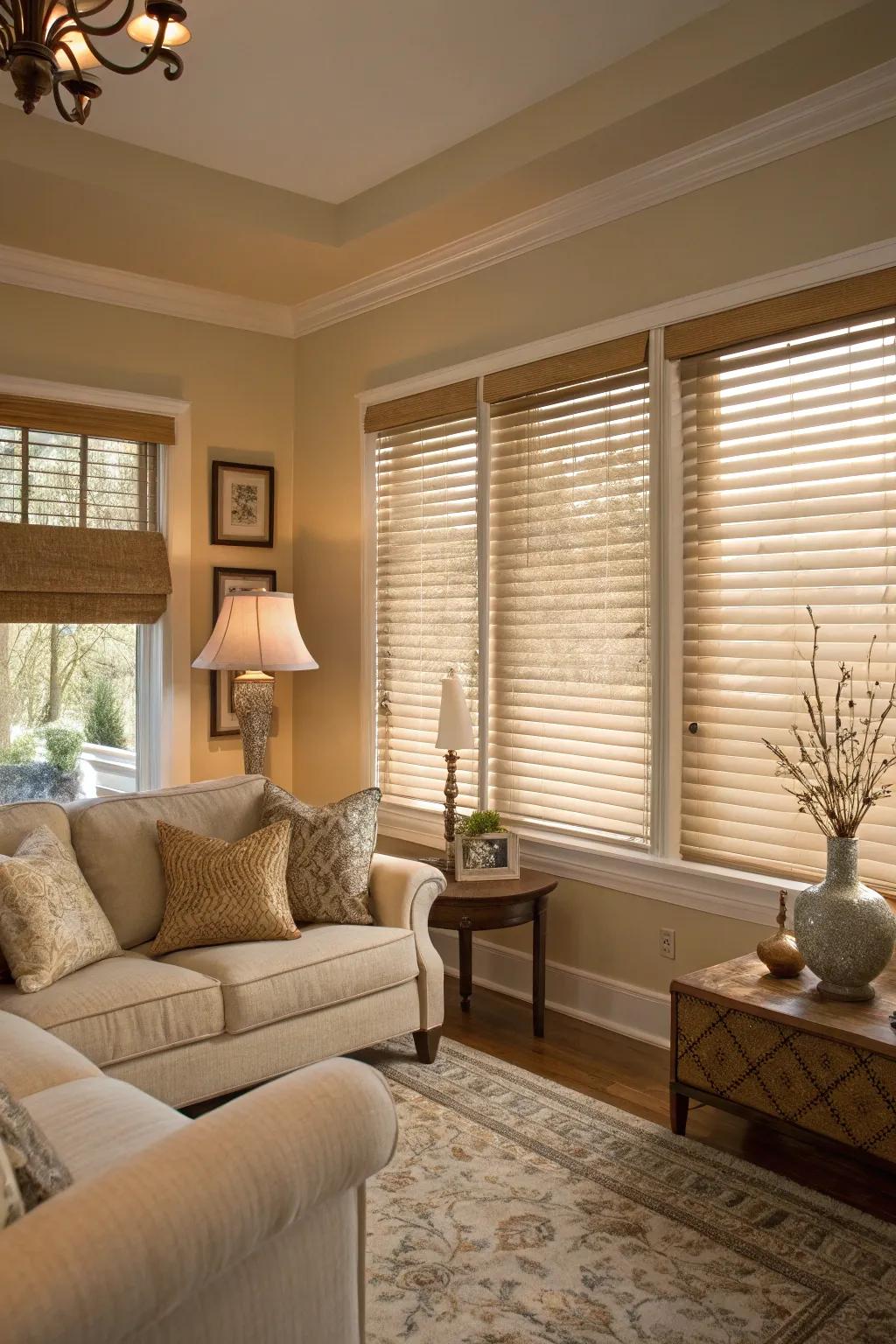 A cohesive living room design is achieved by matching blinds with ornamental accents.