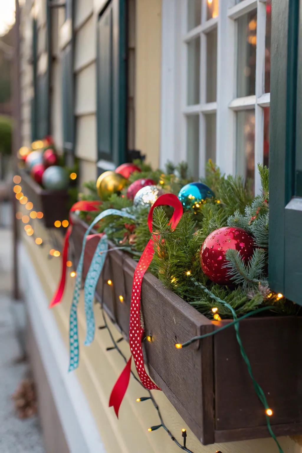 Festive holiday decorations bring cheer to a window box