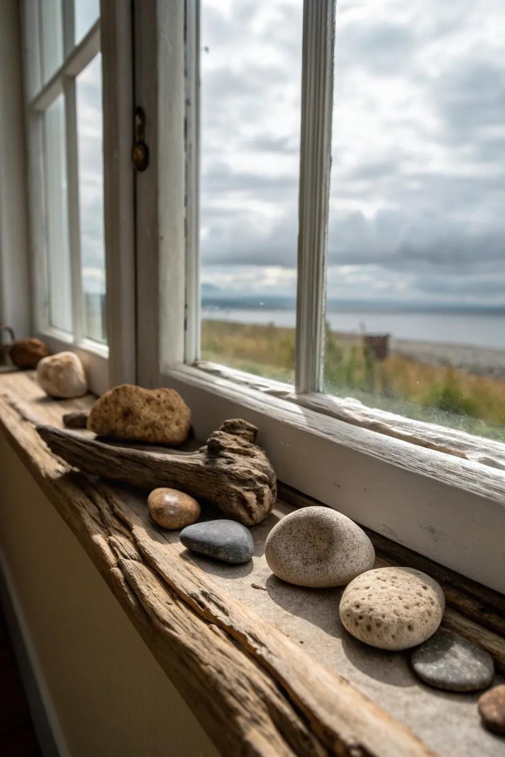 Nature-inspired components such as stones and driftwood enhance this window sill.