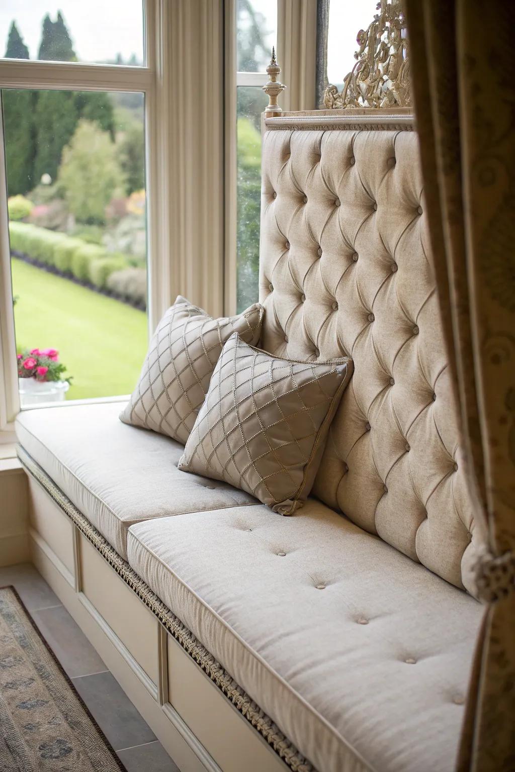 A headboard imparts elegance and comfort to your window seating arrangement.