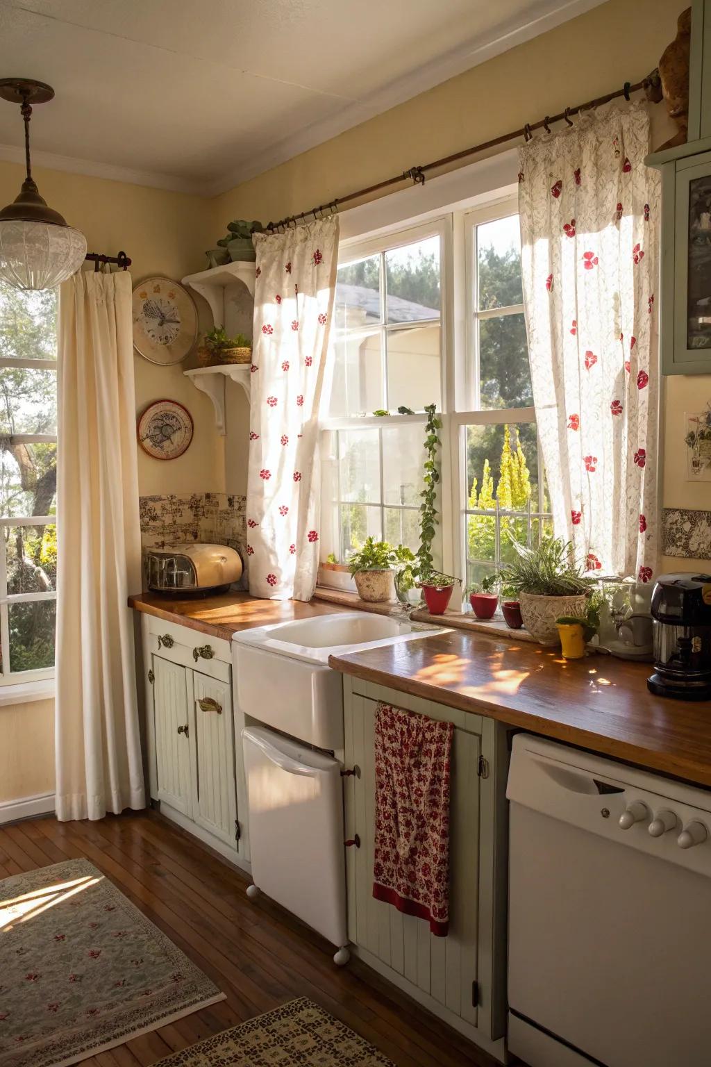 Add charm and privacy with playful short curtains.