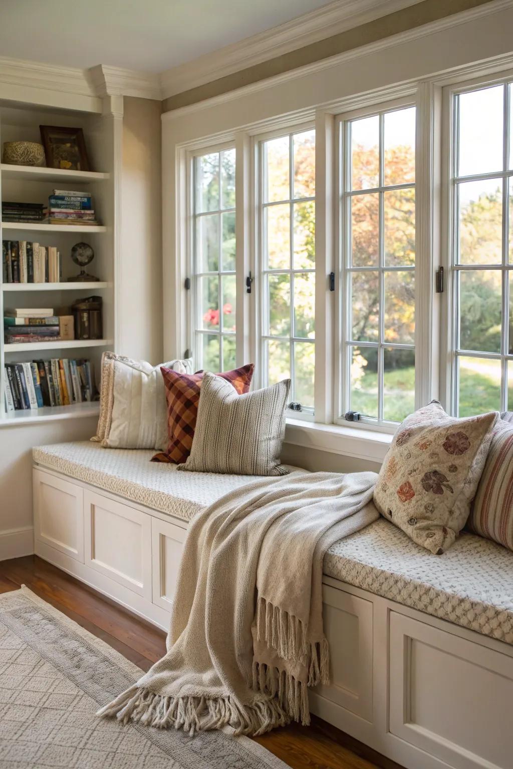 Window nooks with pads create a cozy spot beneath casement windows.