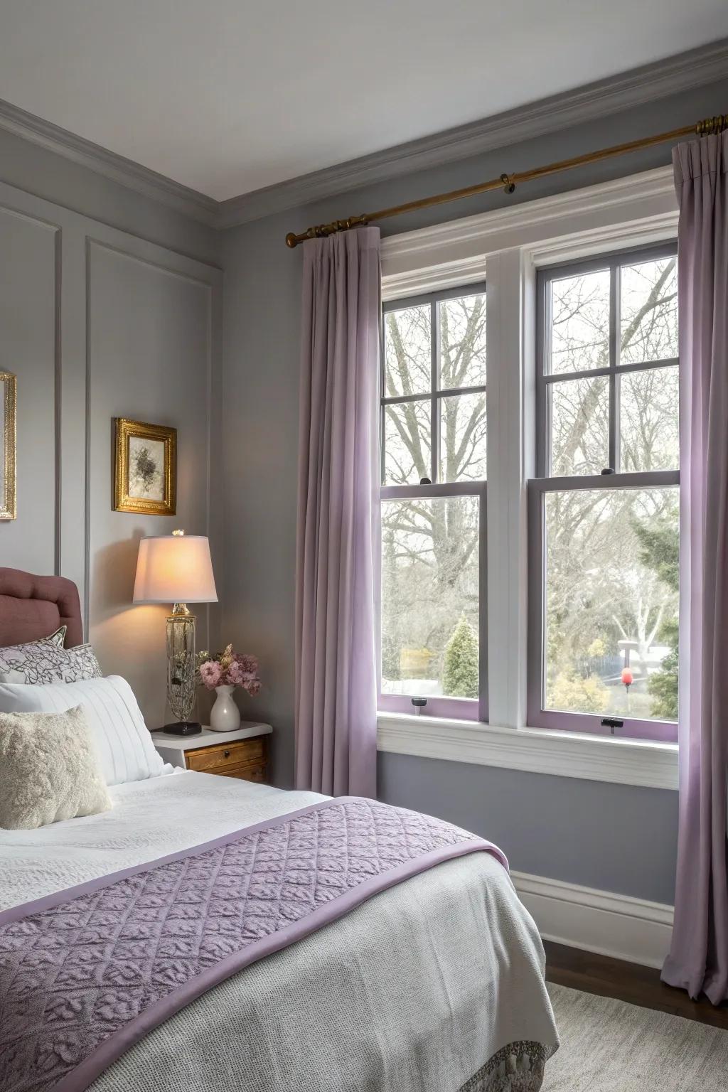 Restrained lavender trim introduces a calming sensation to a bedroom.