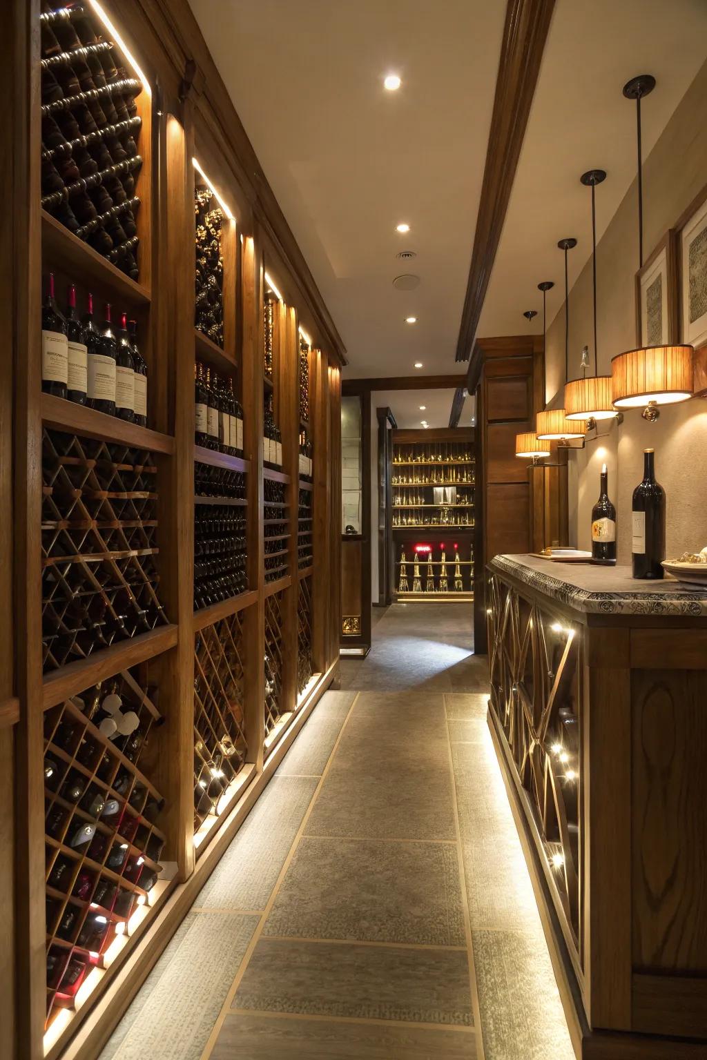 Comforting pathway provided by ambient floor lighting in the wine room.