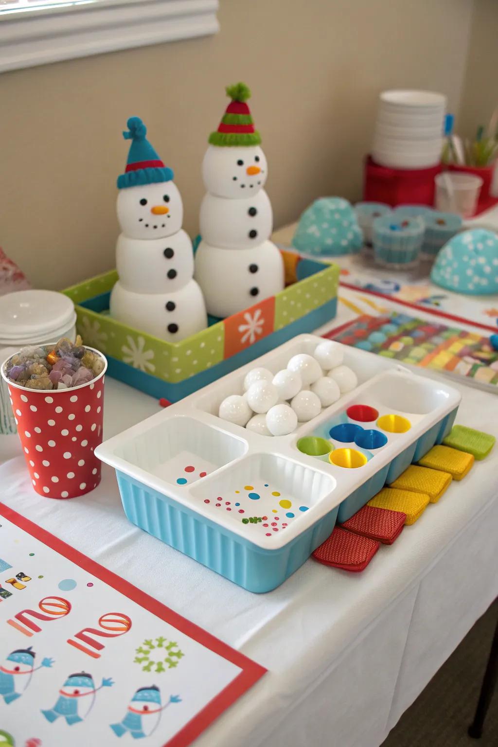 A fun snowman construction station for guests.
