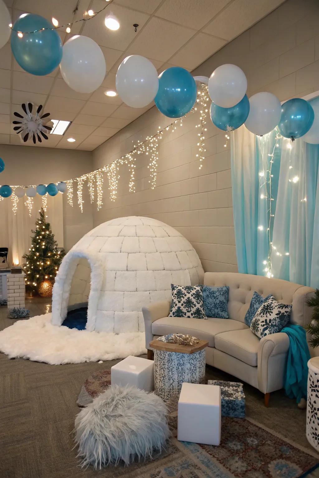 A unique Frozen Dome theme featuring soft hues and cozy seating.