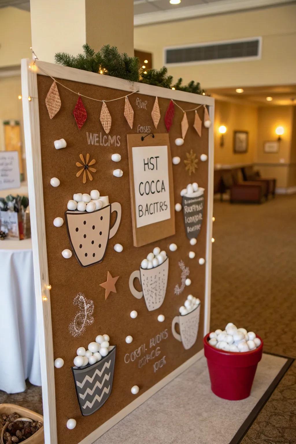 A hot chocolate station adds warmth and coziness to the winter bulletin board.