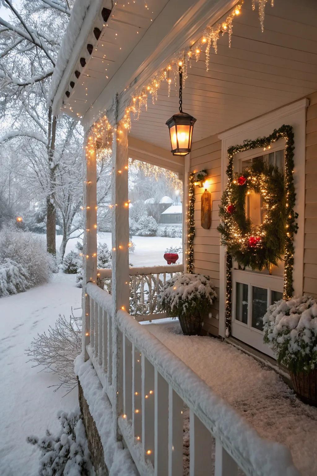 Fluffy white material adds a frosty touch to this winter porch.