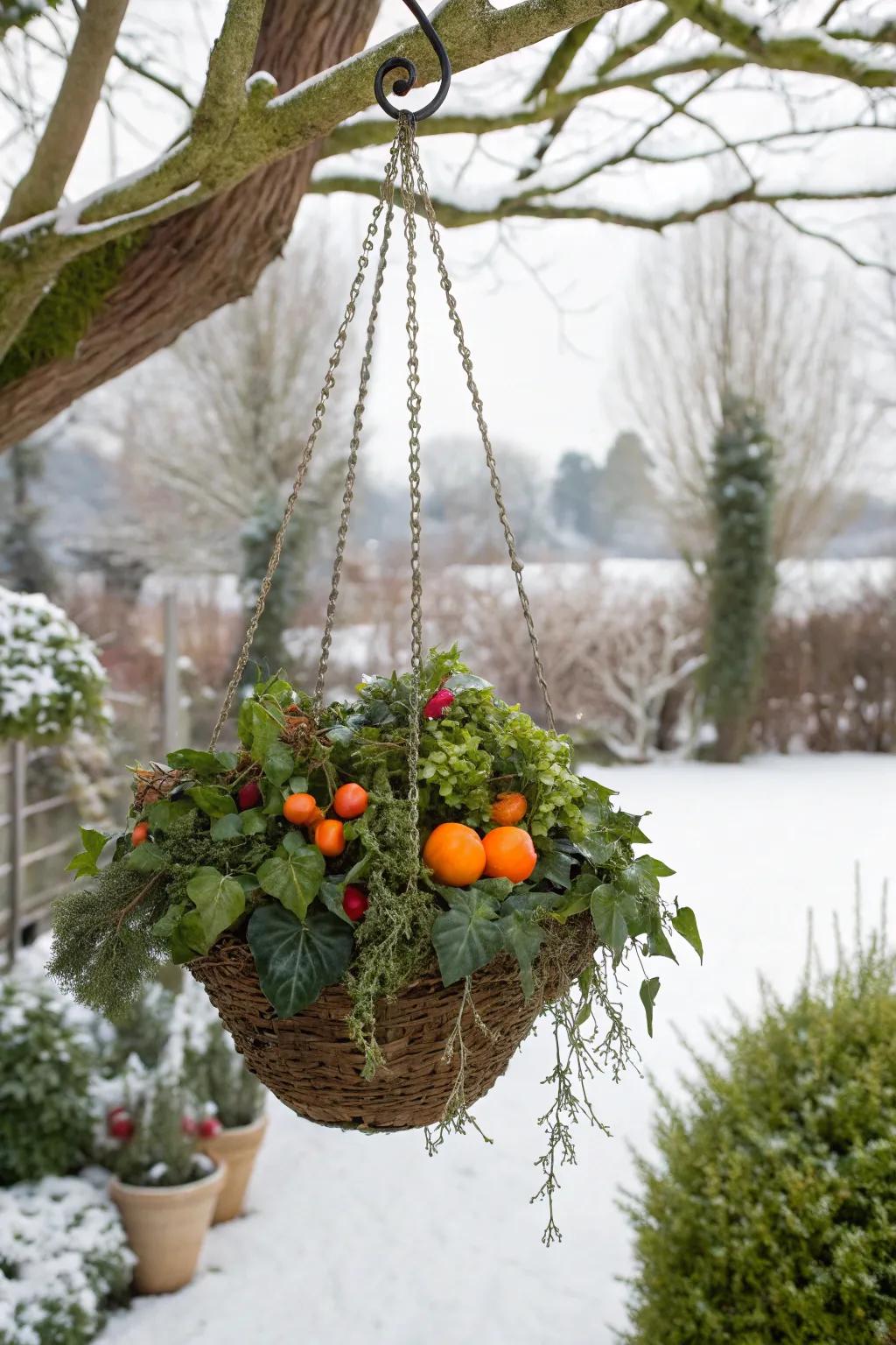 Faux fruit adds a vibrant and playful touch.