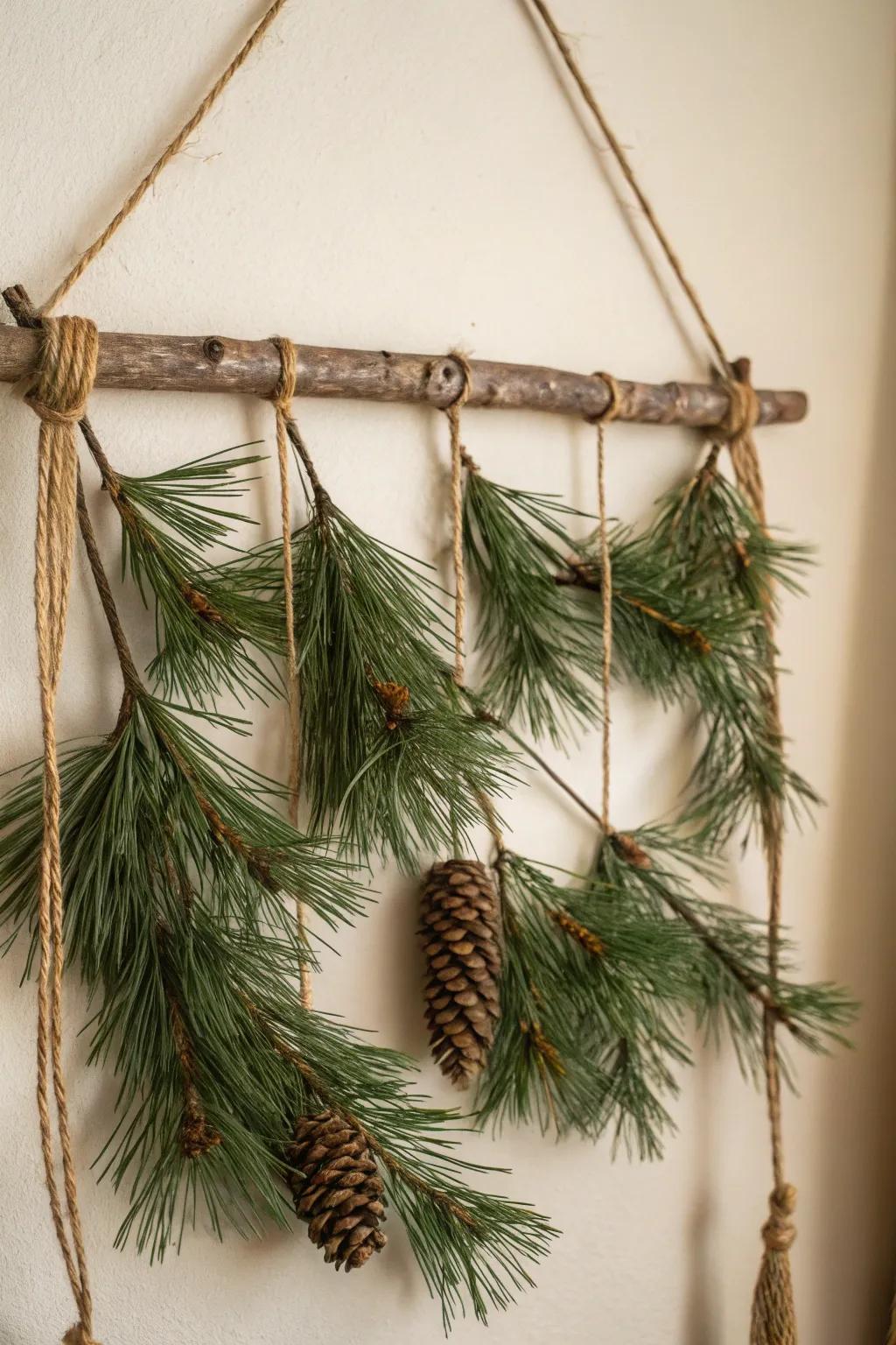 A pine branch wall adornment introduces natural elegance to any decor.