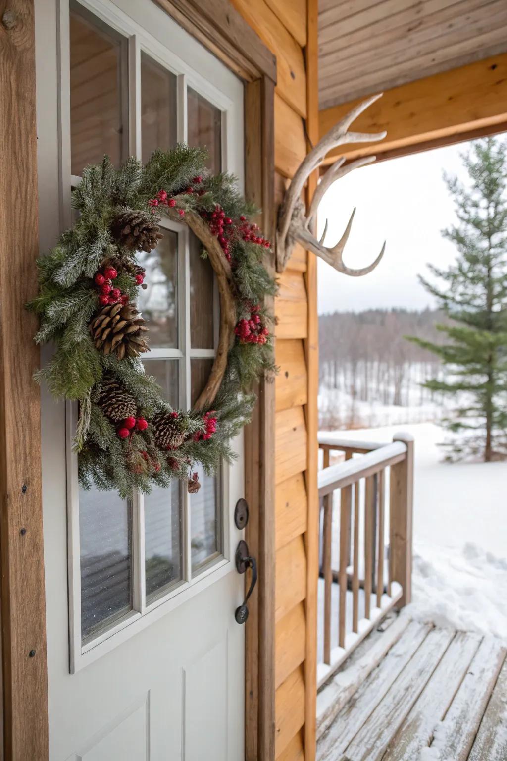 Simulated antlers introduce a whimsical nuance to this nature-inspired arrangement.
