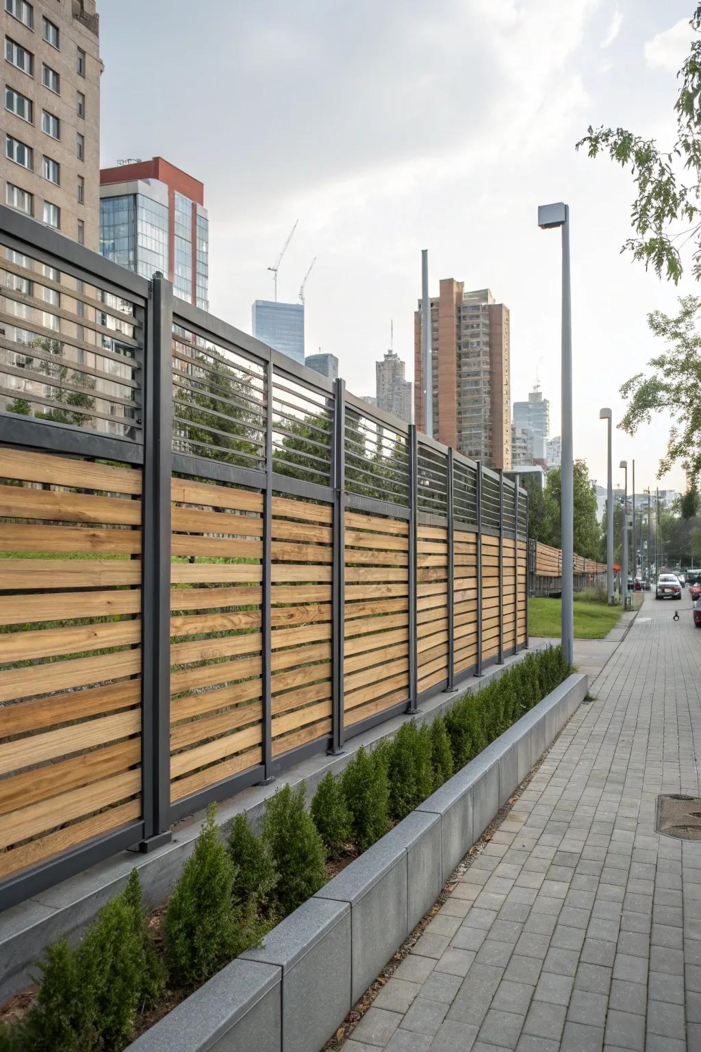 A sleek fence showcasing horizontal timber strips and metallic borders.