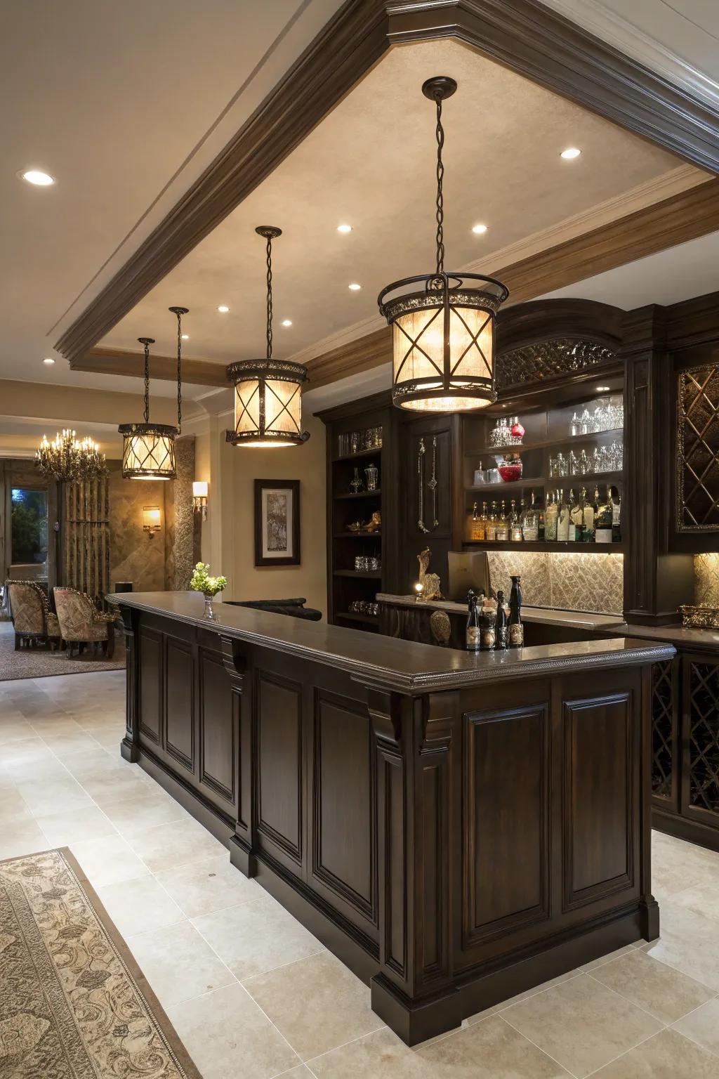 A dark timber bar creating a dramatic flair.