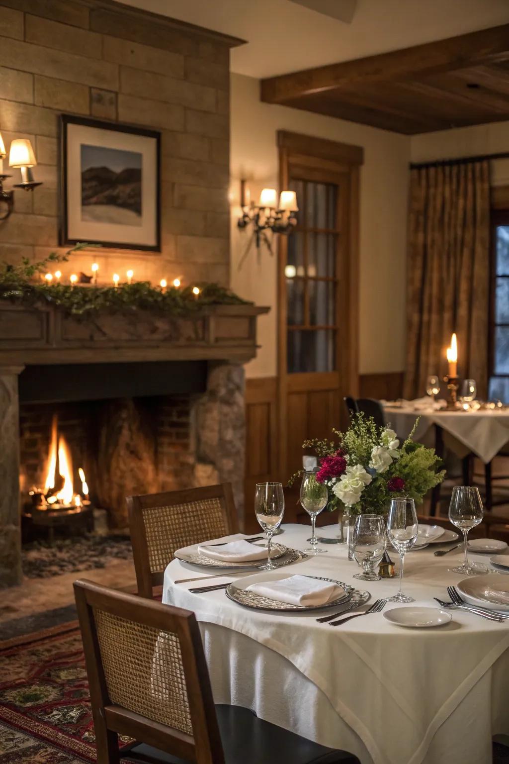 A warm dining space ambiance enhanced with a fireplace.