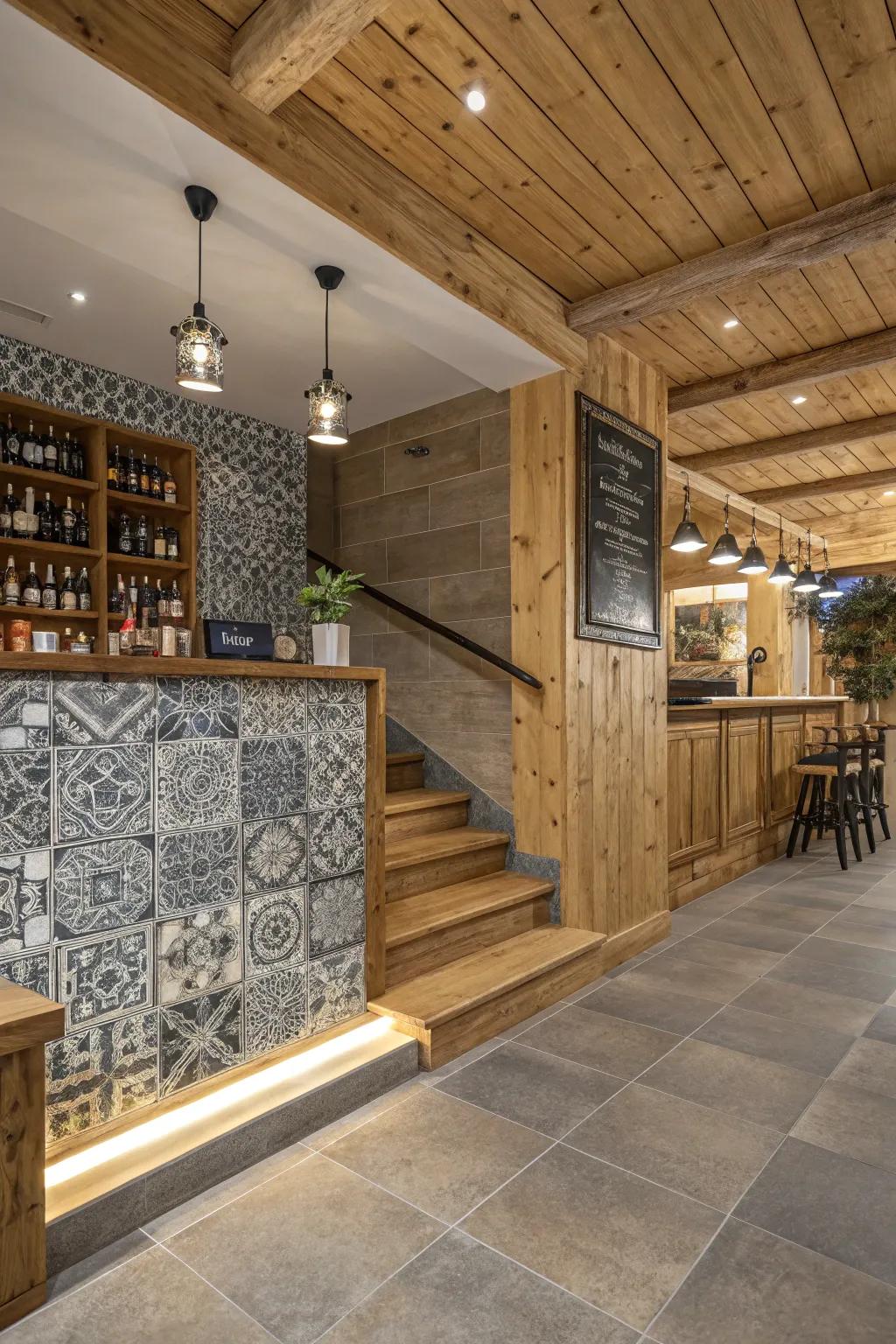 Rustic wood converging with modern tiles in a chic interior environment.