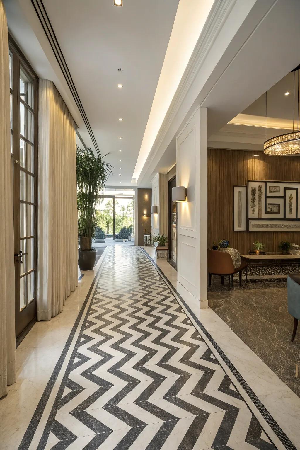 Chevron designs guide the gaze and infuse elegance into floor shifts.