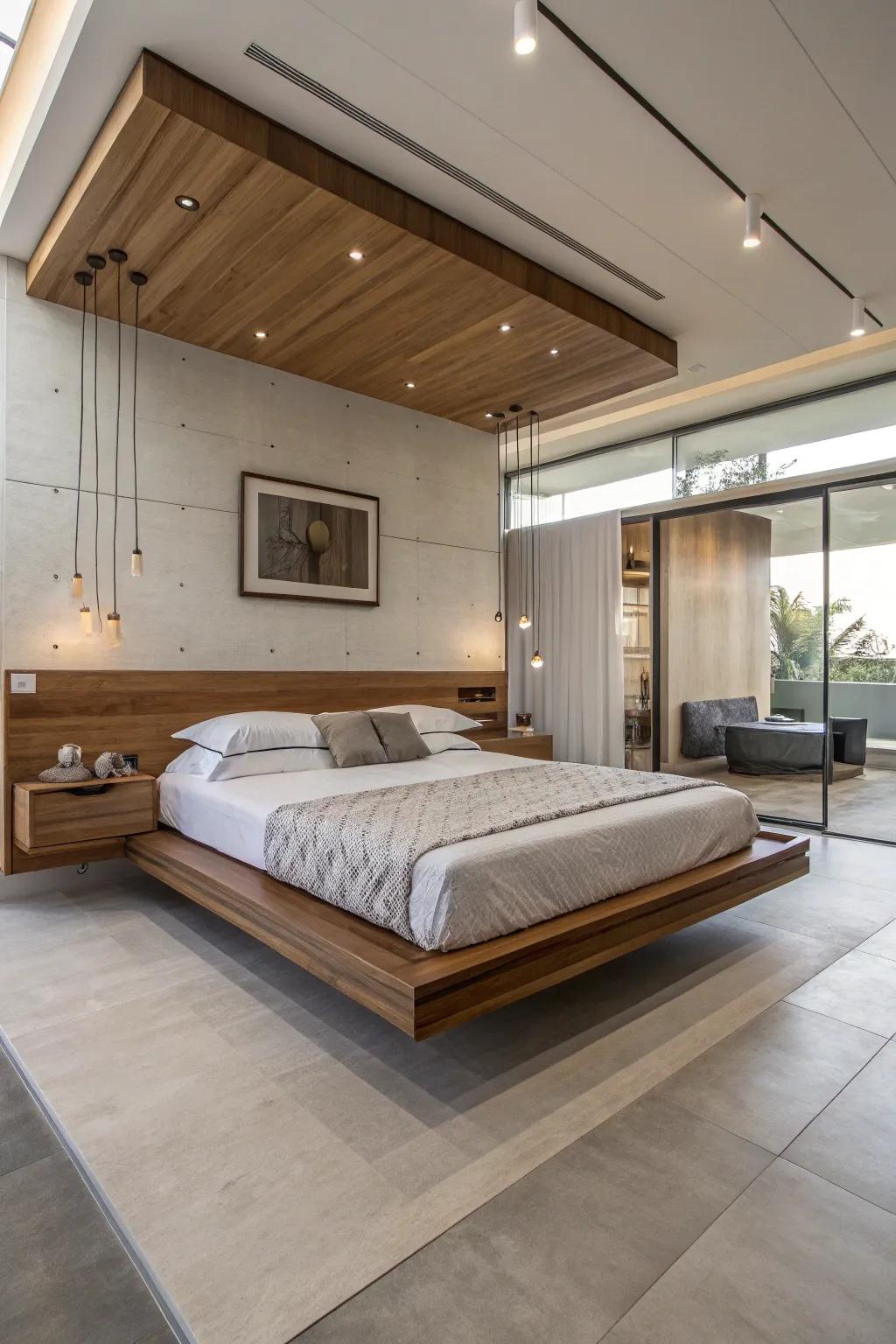 A suspended wood bed creates a modern and airy feel.