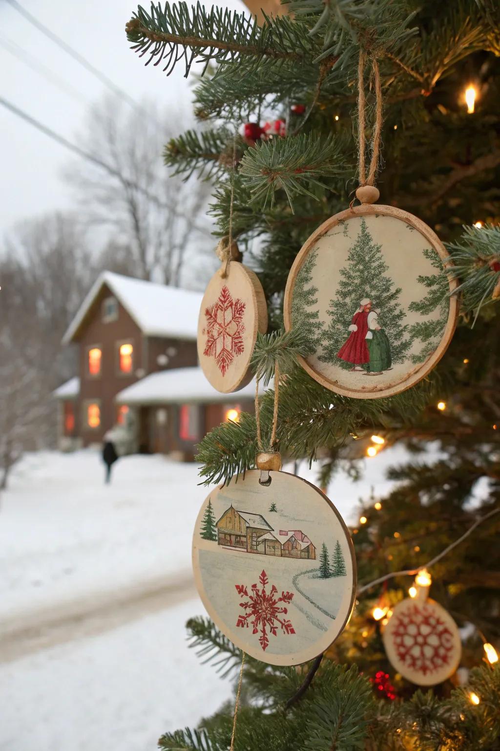 Classic festive postcard scenes repurposed on wooden ornaments.