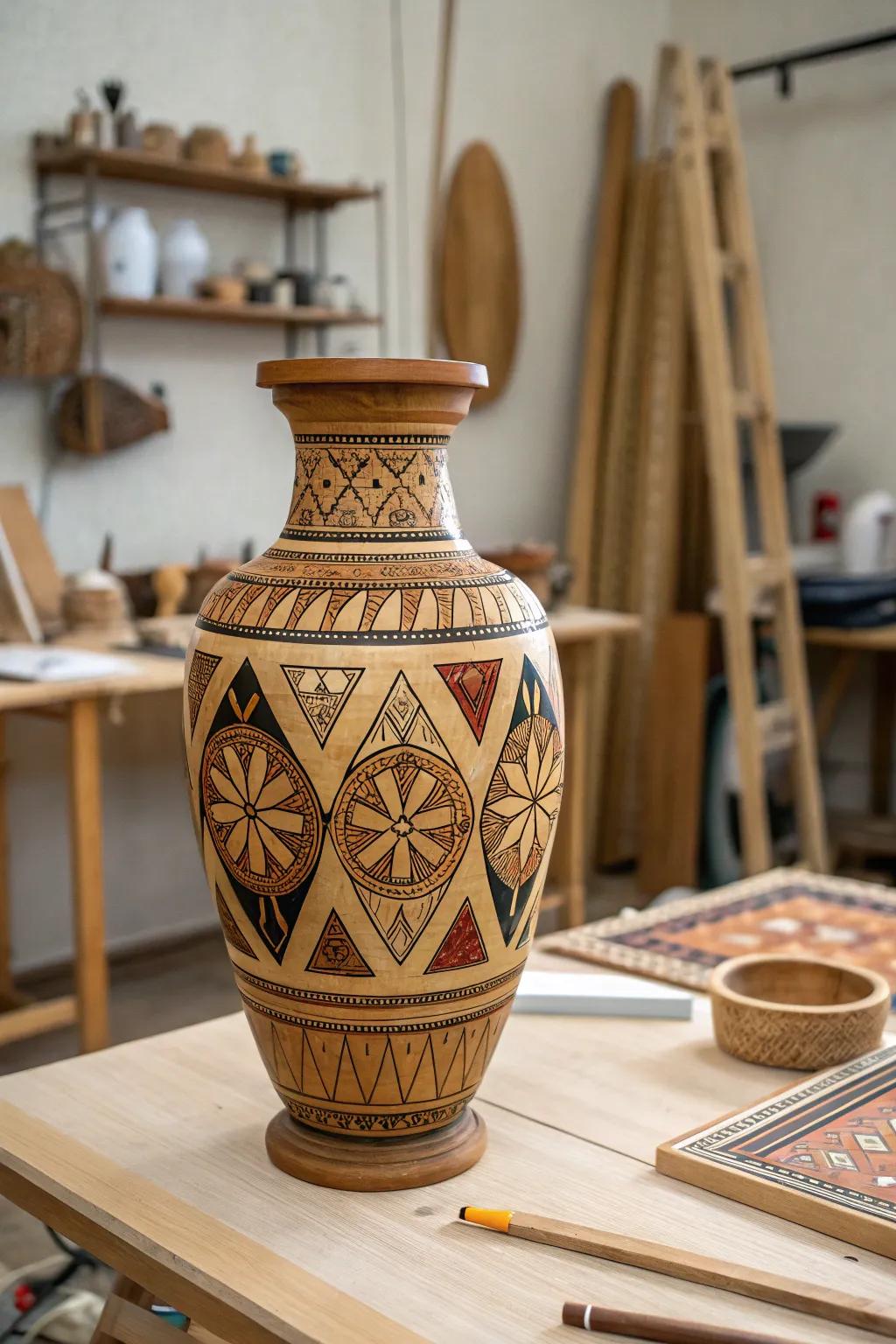 Incorporate artistic components using inlay-designed wooden vases.