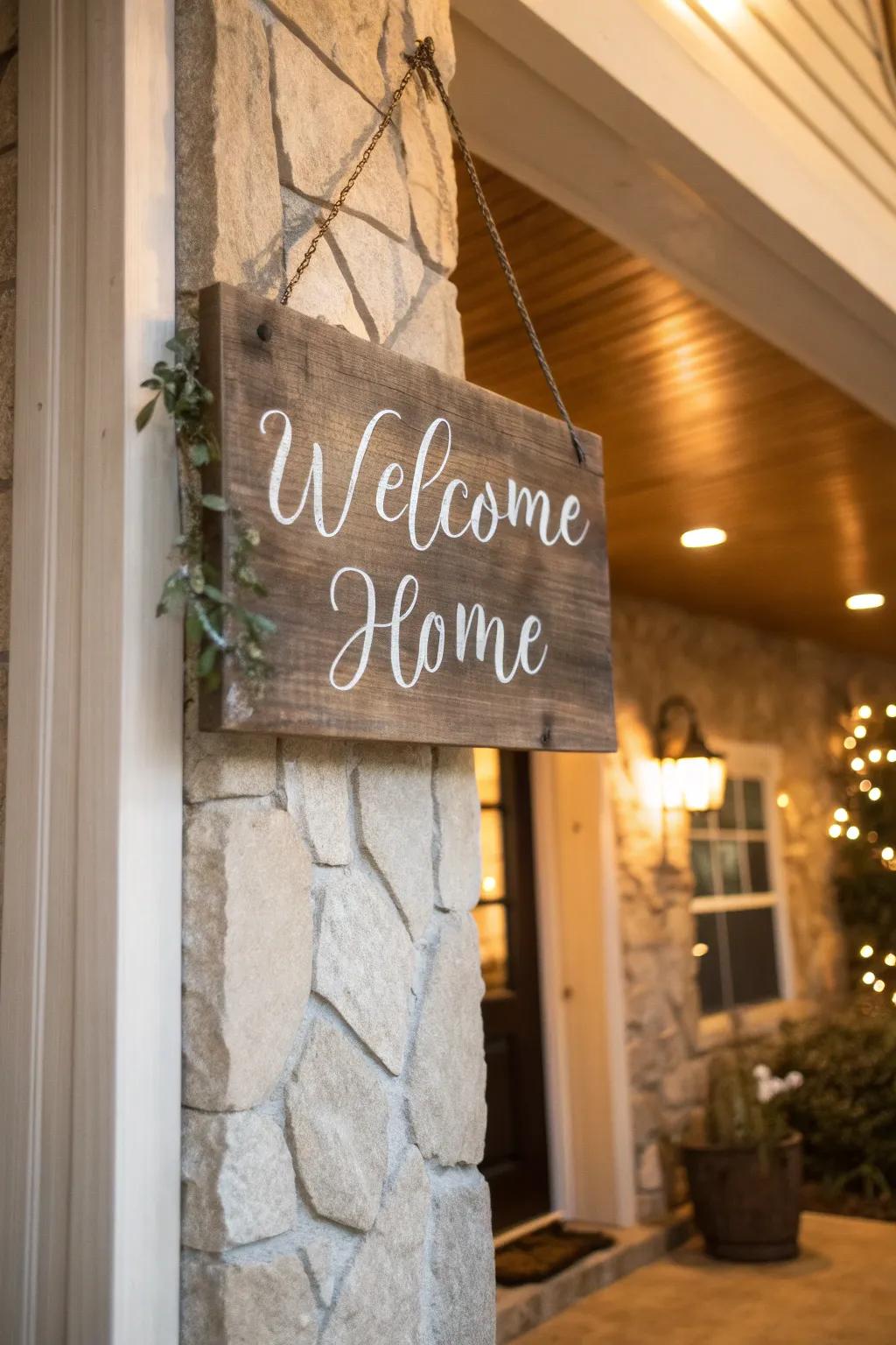 A country-style sign warmly welcoming guests to your home.