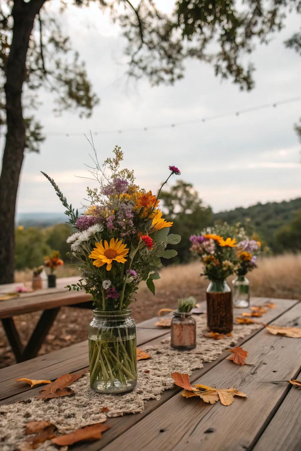 Glass jar wildflower arrangements add countryside charm to the decorations.