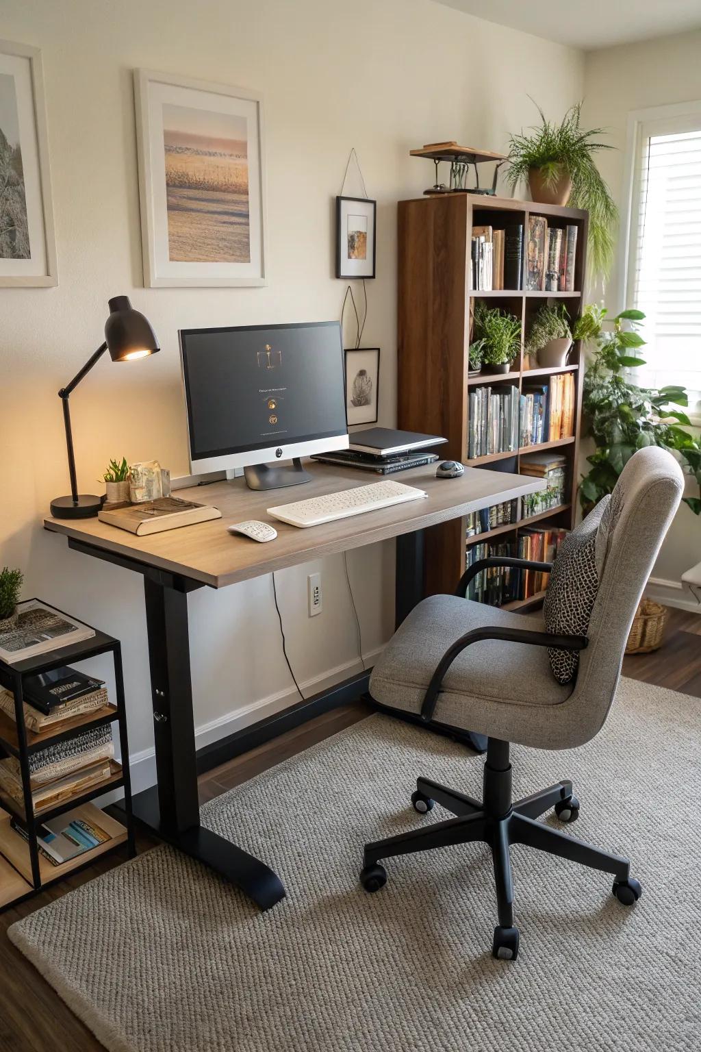 A standing desk provides adjustability and encourages healthy habits at work.