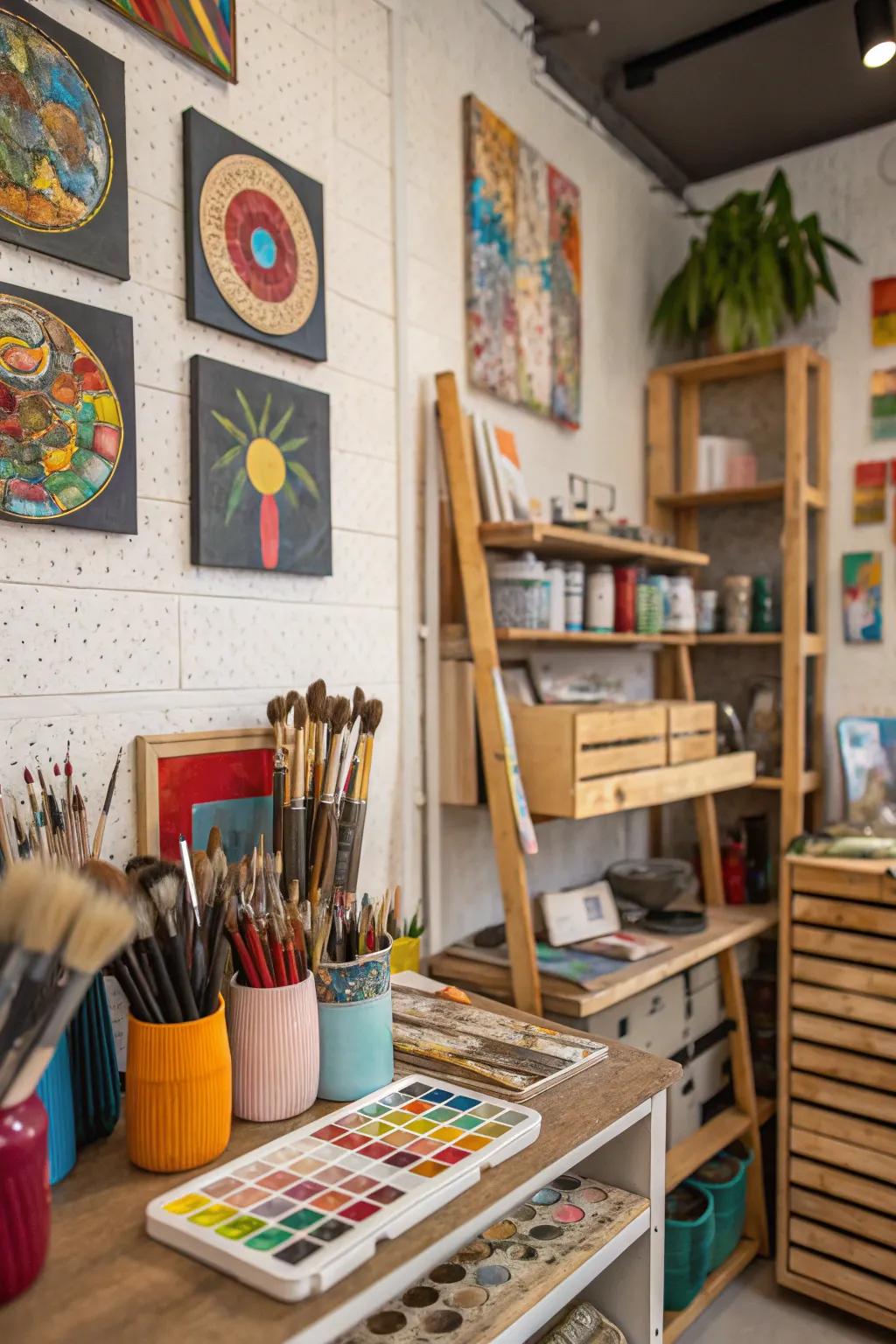 Art tools integrate into the studio's aesthetic.