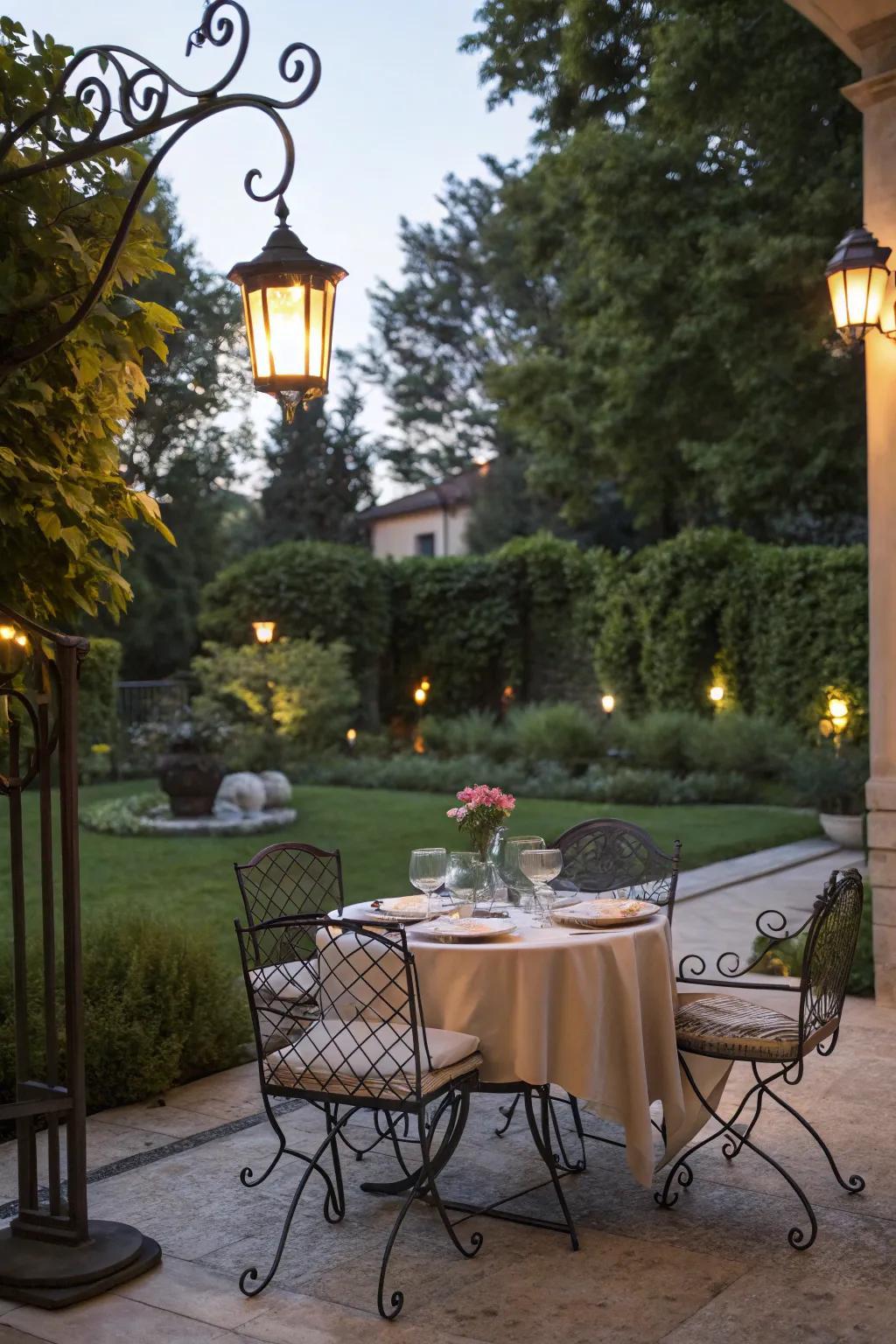 Iron furnishings enhance open-air dining ambiance.