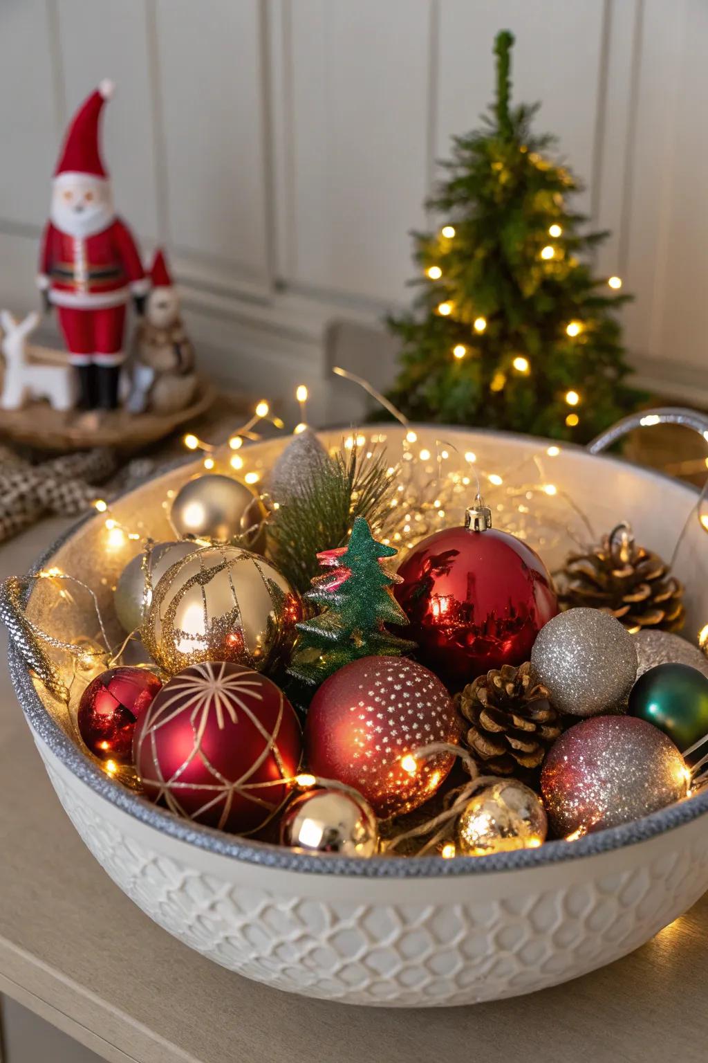 A creative bauble display in a decorative vessel.